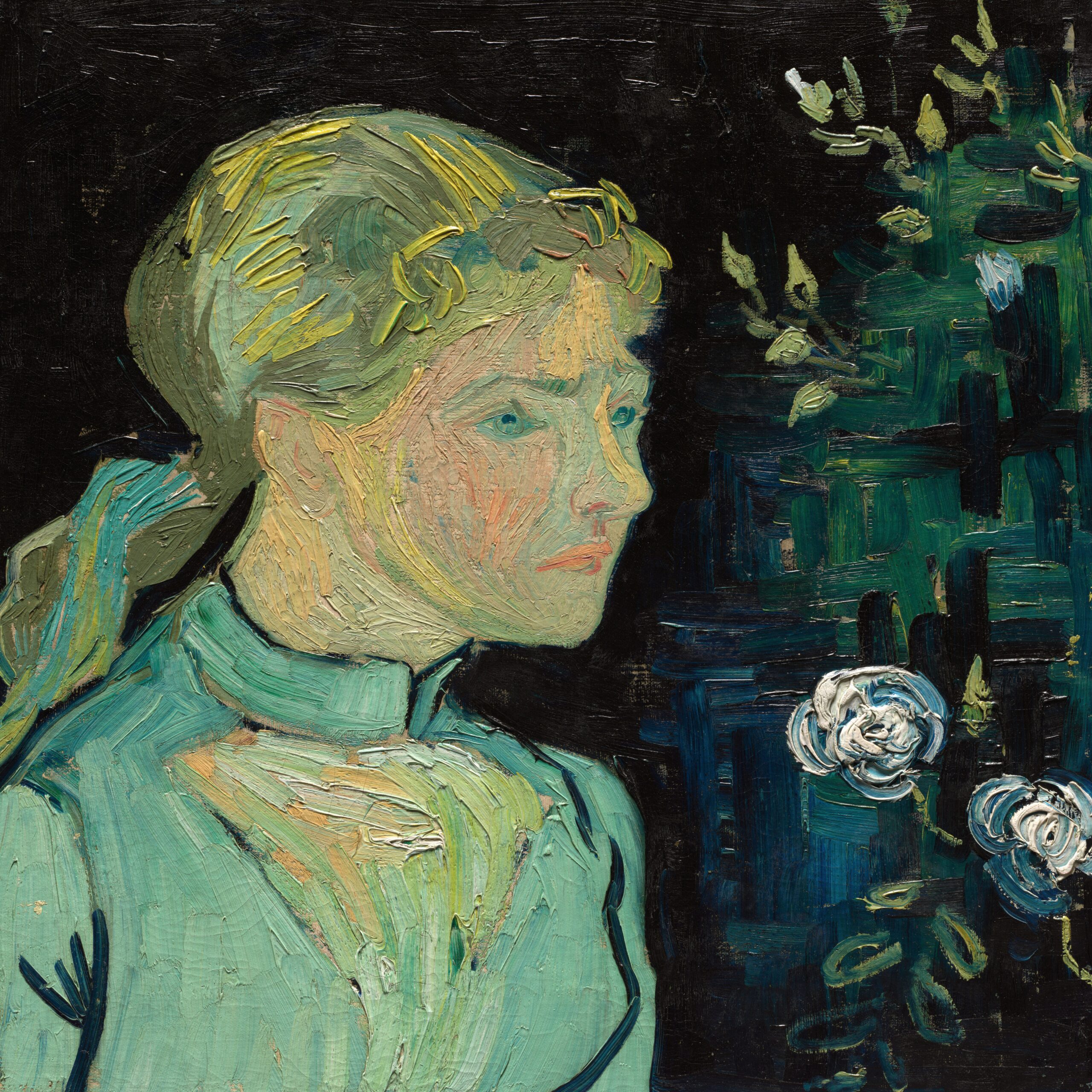 a painting of a woman with a flower in her hair